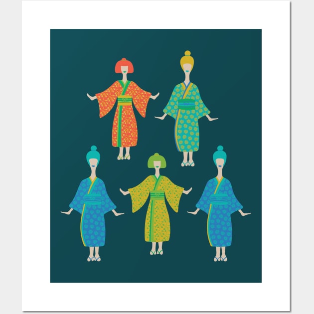 KIMONO LADIES Traditional Japanese Geisha Women in Rainbow Palette Orange Yellow Green Blue Turquoise Teal - UnBlink Studio by Jackie Tahara Wall Art by UnBlink Studio by Jackie Tahara